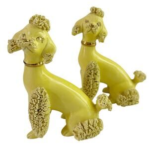 Vintage Yellow Poodle Figurines Japan Ceramic Mid Century Kitsch Pair Dog Decor